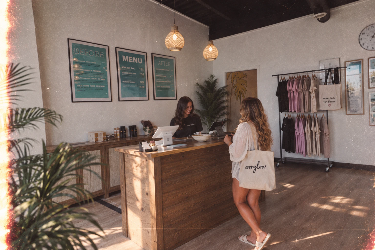 Inside the Everglow studio: a client with an Everglow tote checks in at the wooden front desk under the Before, Menu and After boards